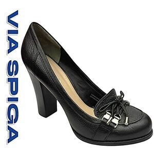 Via Spiga black heeled Italian leather women’s loafers size 8.5 medium pre-owned